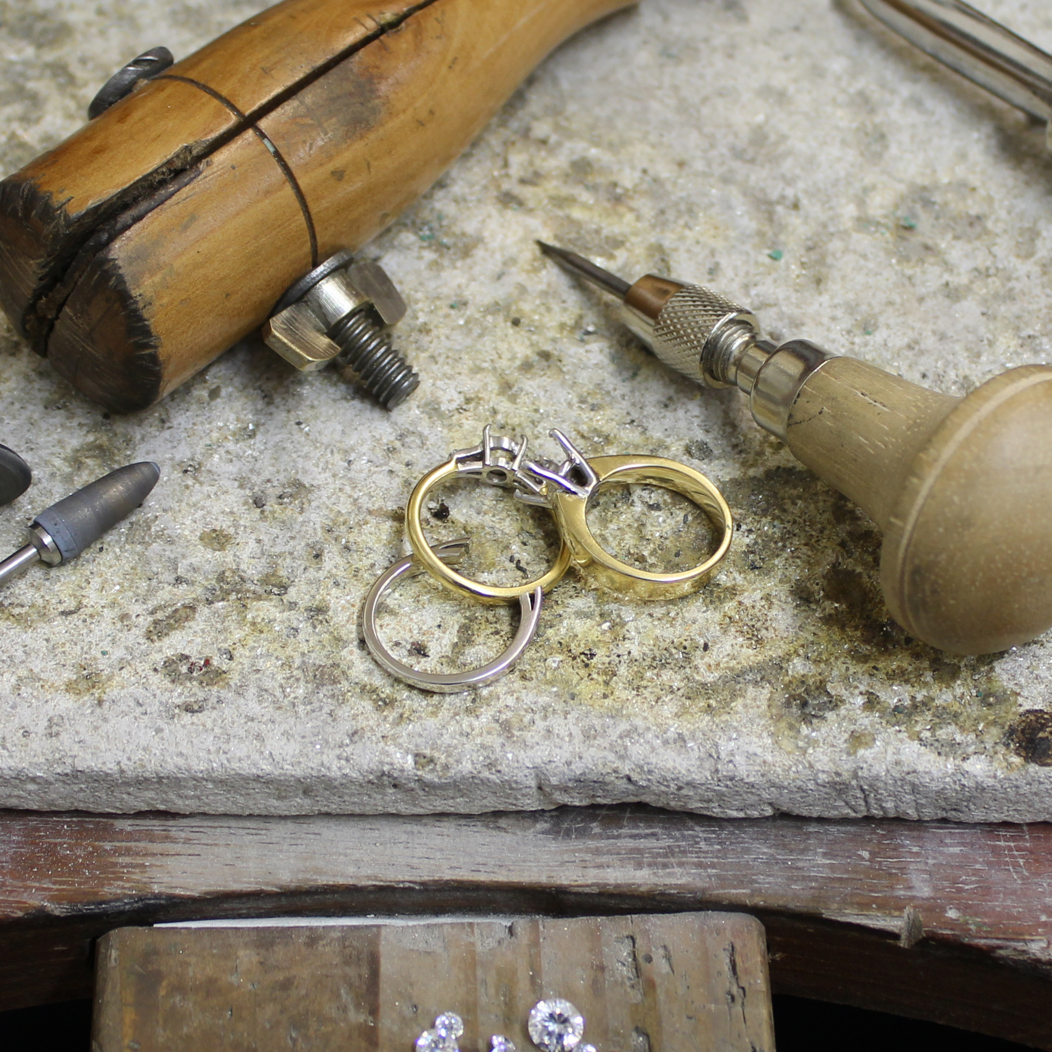 Rings in the process of being made with tools